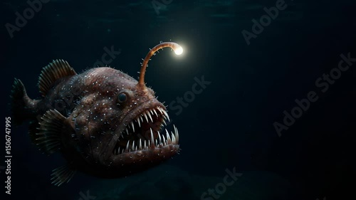 Detailed View of Deep Sea Anglerfish with Glowing Lure in Dark Blue Underwater Habitat