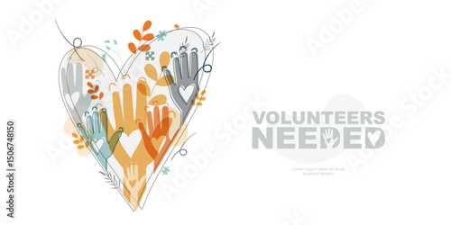 Volunteer Needed banner. Raised hands. Volunteering, teamwork concert.