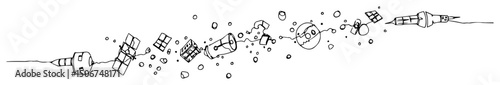 space junk and debris floating in orbit vector sketch