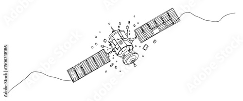 damaged satellite in orbit monoline outer space vector