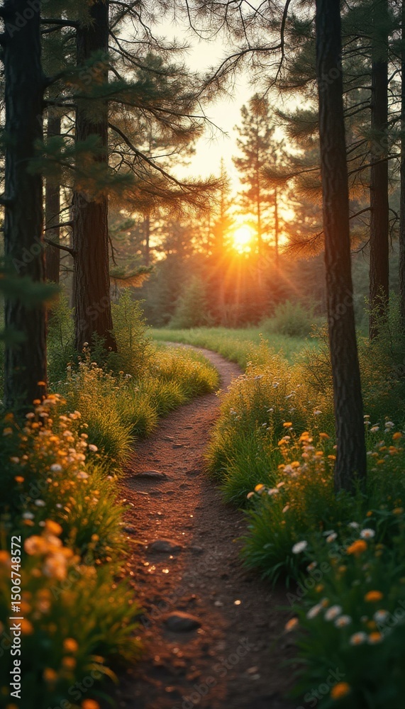 Obraz premium Serene Forest Path at Sunset with Golden Light Shining Through Trees and Wildflowers Blooming