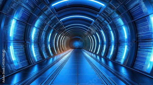 Futuristic Neon Tunnel with Blue Lights and Sleek Metallic Design