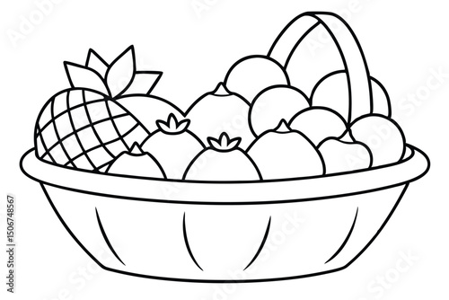 Fruit basket with pineapple, oranges and blueberries isolated on white