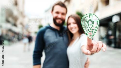 Couple smiles as digital map with location pin glows on finger, future virtual journey, augmented reality travel, vr travel, ai navigation