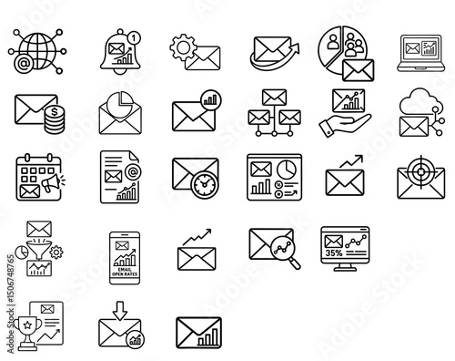 Digital email marketing analytics collection icon set for business communication and data