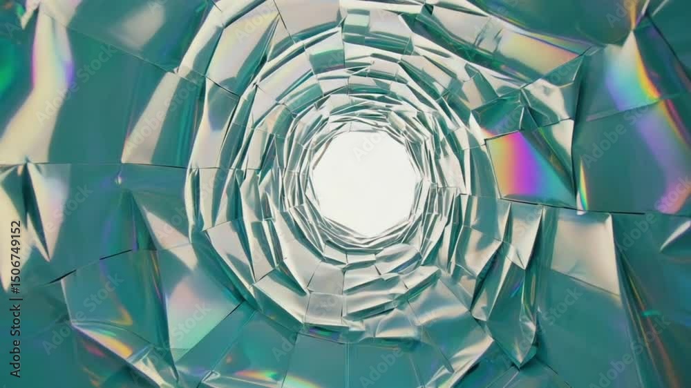 endless tunnel of undulating holographic foil layers, air currents causing ripples, black void, kaleidoscopic rainbow gradients, immersive depth, cinematic camera dolly