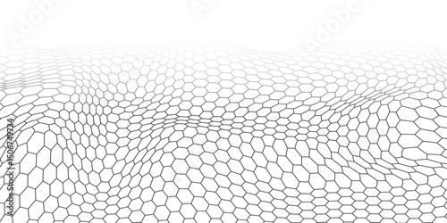 Three-dimensional perspective wavy bg of hexagon graphene carbon molecule. Thin super flexible material with conductor properties. Polygonal mesh. Vector illustration