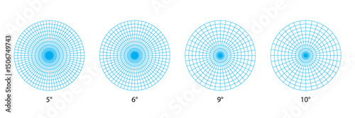 Polar coordinate grids divided into sectors of 5, 6, 9 and 10 degrees and several circles. A set of concentric grids with different angles. Radar scheme. Vector illustration.
