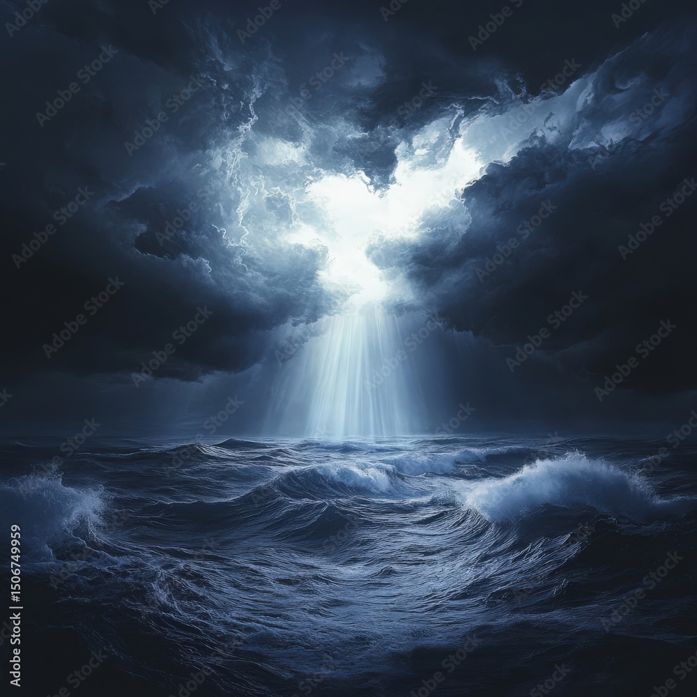 Fototapeta premium The bright sun is shining brightly through the clouds above the ocean