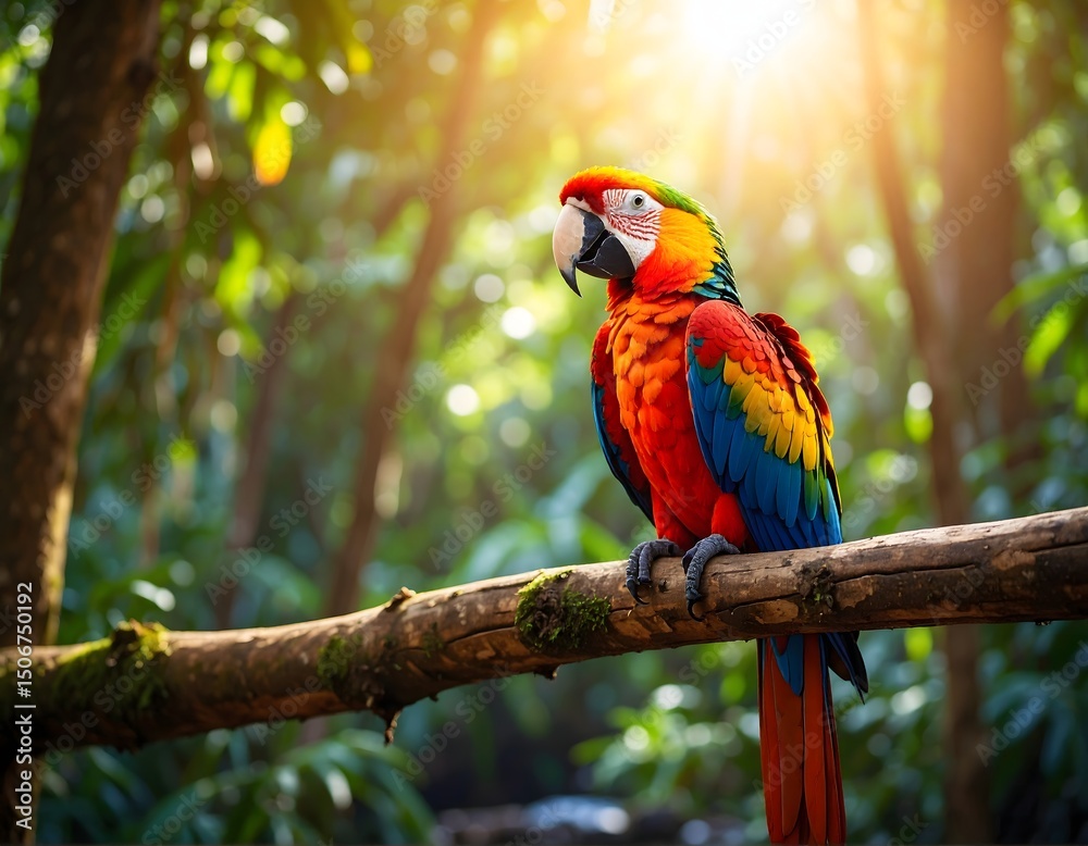 Obraz premium Vibrant parrot on Branch in Lush Tropical Forest Environment