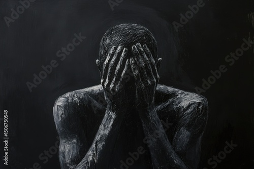 A man covering his face with hands in a black and white photo