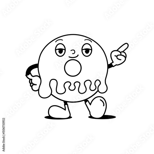 Groovy donut mascot with pointing finger pose. Confident cartoon donut with relaxed eyes and frosting, striking a finger-pointing pose in vintage groovy style.
