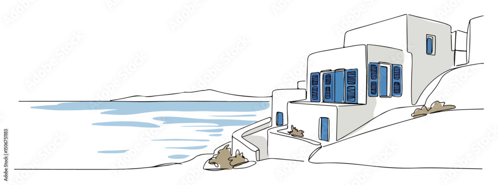 Naklejka premium coastal house with sea view greek island line sketch