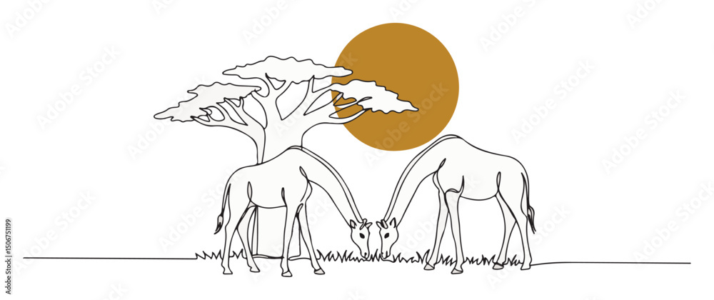 Obraz premium african giraffes under tree with sun monoline scene