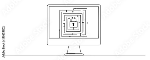 computer screen with lock and security maze outline icon