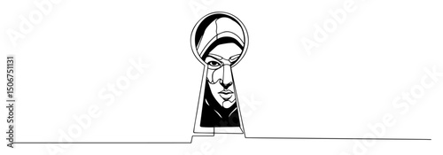 woman in veil seen through keyhole lineart icon