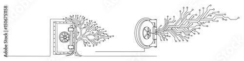 digital tree growing from safe vault monoline vector