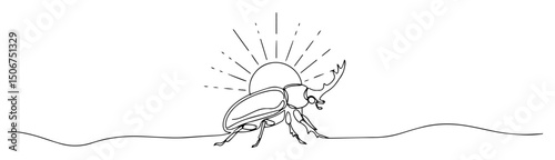 scarab beetle with sun rays over sand lineart icon