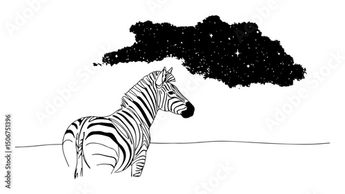 zebra under starry sky in savannah vector sketch