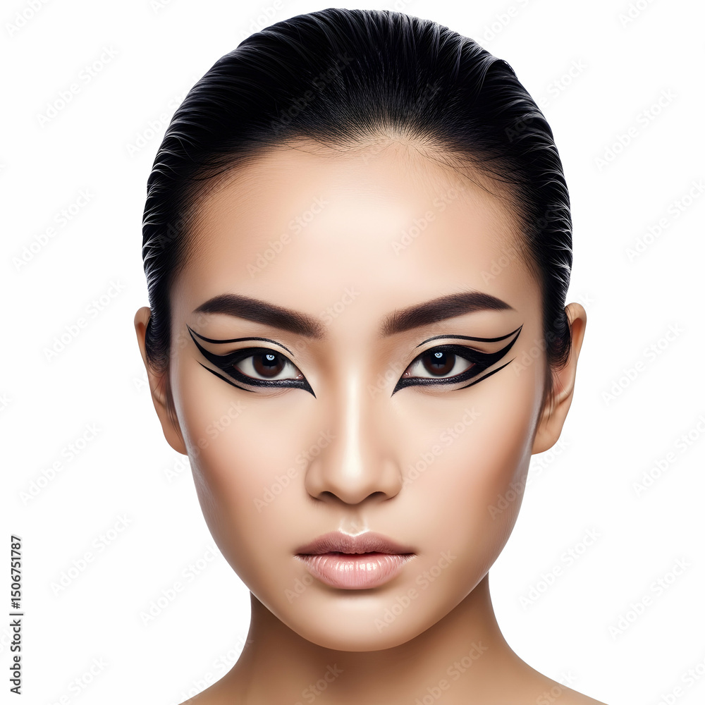 Fototapeta premium Dramatic Winged Eyeliner Makeup Look Asian Model Beauty Shot