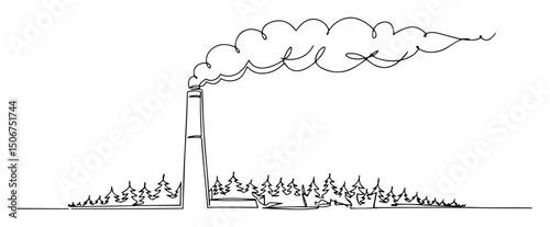 factory chimney emitting smoke over forest sketch