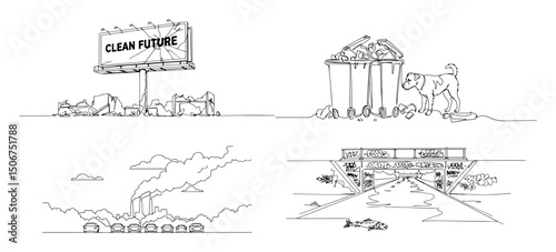 ironic eco message with factory and waste sketch