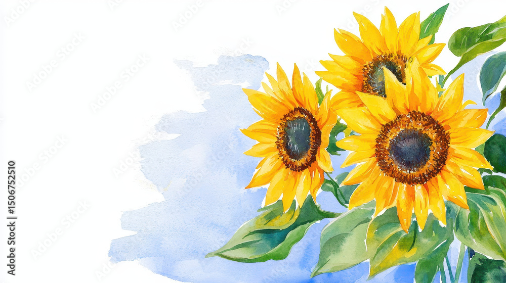 Obraz premium Watercolor illustration of vibrant sunflowers with green leaves against soft blue background, evoking cheerful and bright