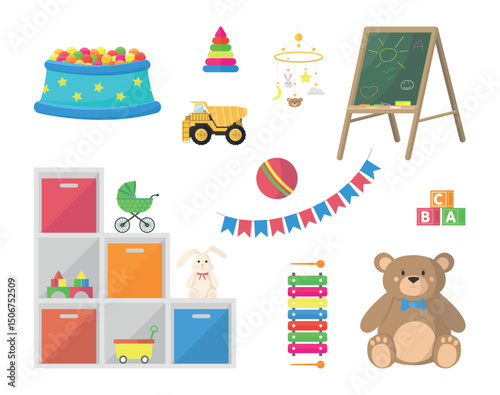 Set of icons of children's toys. Shelves with toys, dry pool with balls and other.