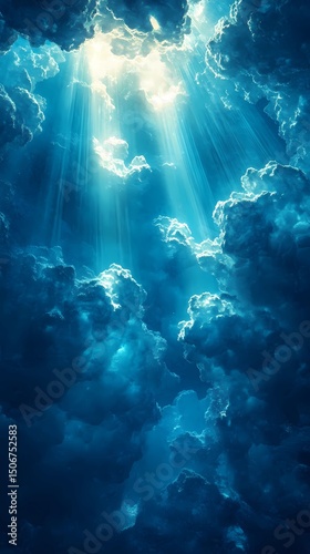Cloud-filled sky with overhead sunrays, ideal for digital skies, natural light illustrations, and ambient scenic design.