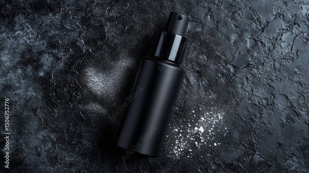 Fototapeta premium Black pump bottle on black rocky texture background. Design visual for mockup label, cosmetic for man, skincare prints