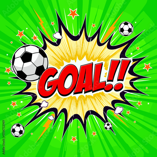 Vibrant green comic-style vector background with the word "GOAL!!" in bold letters and multiple soccer balls creating an explosive pop art effect