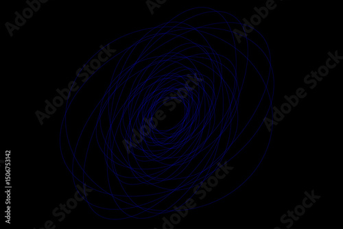 Twisted ellipses of blue lines forming a 3D vortex effect on a black background. Suitable for visualizing motion, digital illustrations, and tech design