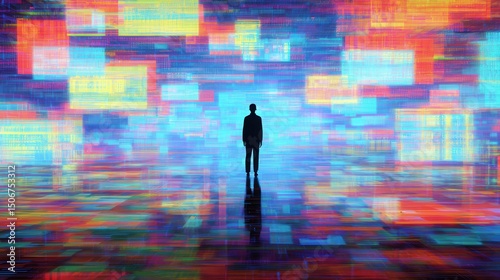 digital avatar in vivid metaverse world with floating holograms