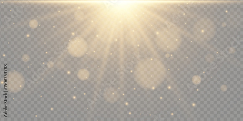 Golden sparkle effect with glowing flare and sunray. Bright glitter explosion with magic burst and festive light beam. Abstract starlight design for holiday or celebration use.