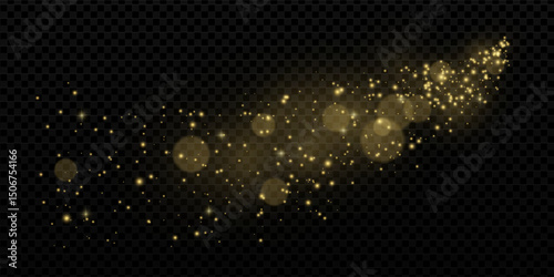 Golden glitter swirl with stardust particles and confetti spark. Trail of magical dust and glow on transparent background. Abstract festive effect for luxury or holiday themes.