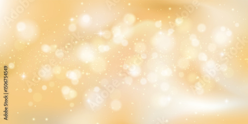 Soft golden bokeh with champagne glow and glitter texture. Dreamy abstract shine with subtle sparkle on luxury beige background. Ideal for cosmetic, holiday or festive product design.