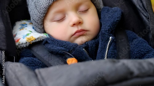 Infant, asleep, swaddled in a stroller, wearing gray knitted hat and cozy blue fleece jacket for a nap outdoors in autumn.