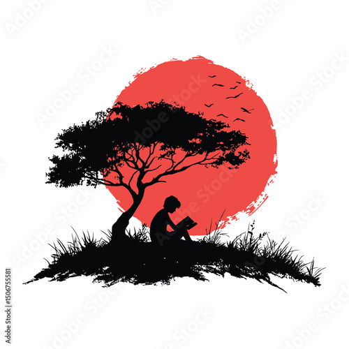 A student reading a book under a tree minimal black silhouette