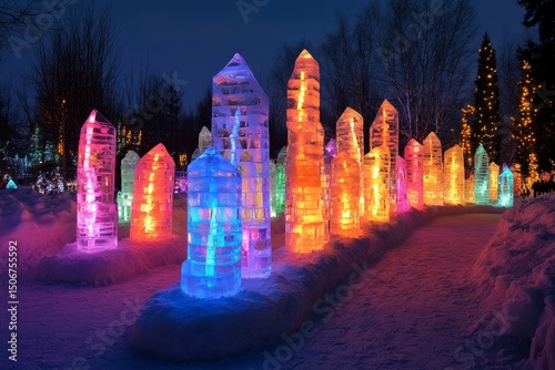 vibrant ice sculptures glowing under colorful evening lights at a winter festival, Generative AI