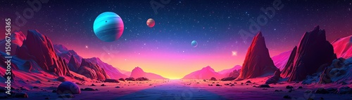 Cosmic Landscape with Colorful Planets and Mystical Mountains at Dusk