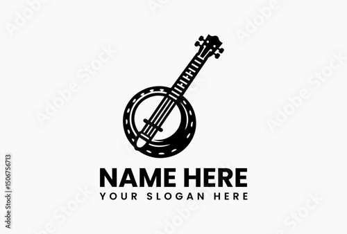 Stylized black and white vector logo of a traditional banjo instrument with decorative musical elements