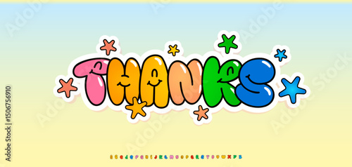 Happy cartoon bubble letters, word thanks. Colorful inflated text with smiling faces and stars. Great for kids birthday cards, fun party invites, school posters, stickers. Vector illustration.
