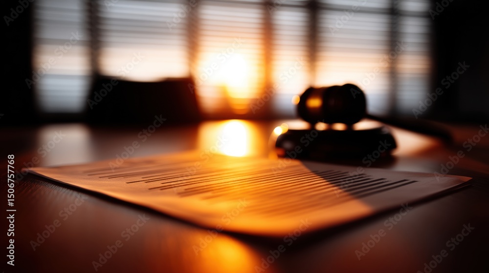 Fototapeta premium Diverse legal team reviewing important case documents at sunset with gavel in foreground