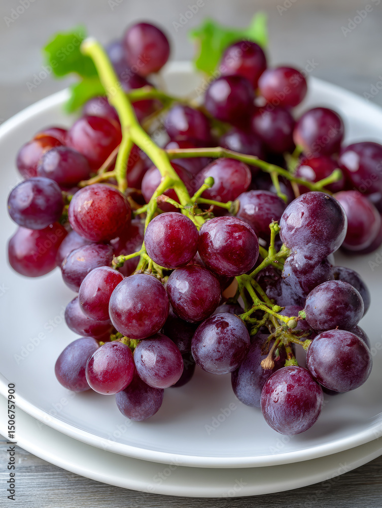 Fresh red grapes on a white plate, close-up view. Fresh red grapes on a white plate, close-up view.
