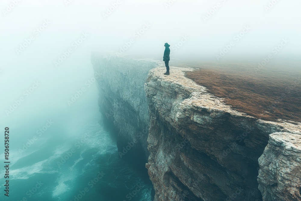 Obraz premium Person on foggy cliff overlooking ocean; contemplation