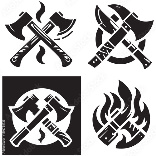 Cross Axe Lumberjack Firefighter wooden axes collection logo design
