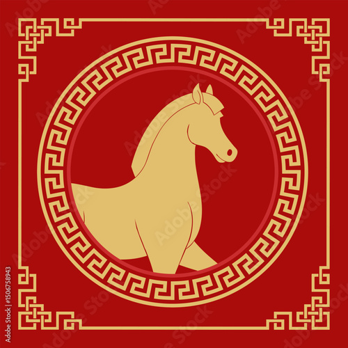 golden horse on a red background. 2026 Chinese New year, zodiac sign horoscope