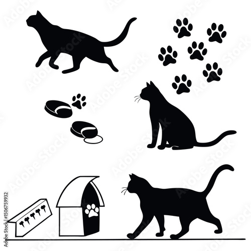 Set of black cat silhouettes. Stencil for Halloween, card, poster or other design. Black cat.