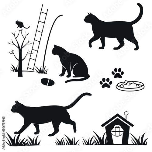 Set of black cat silhouettes. Stencil for Halloween, card, poster or other design. Black cat.