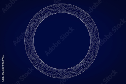 Structure of concentric and overlapping lines forming a dense circular pattern with a strong visual center. White on blue background. Great for logo design, covers, scientific and visual graphics.